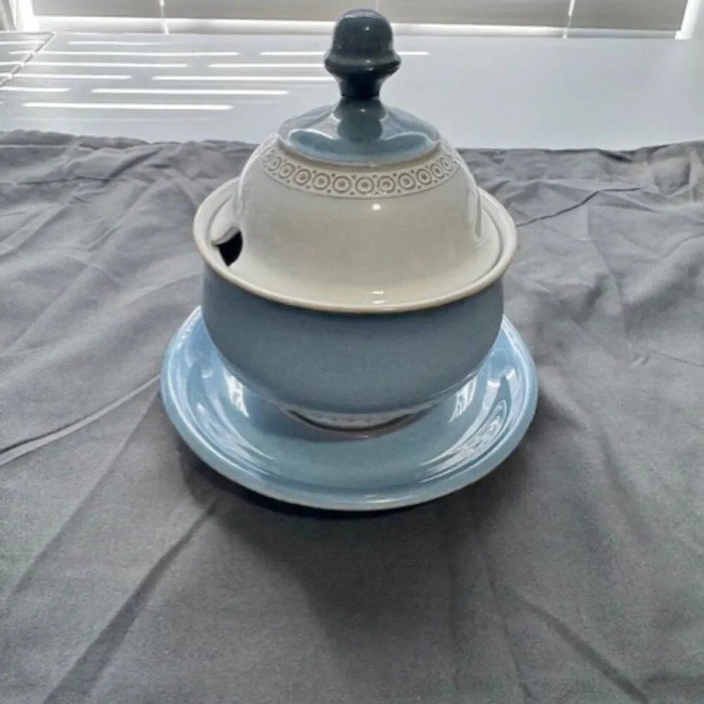 Vintage Blue and White England Denby Castile Sugar Bowl/Lid & Saucer Stoneware